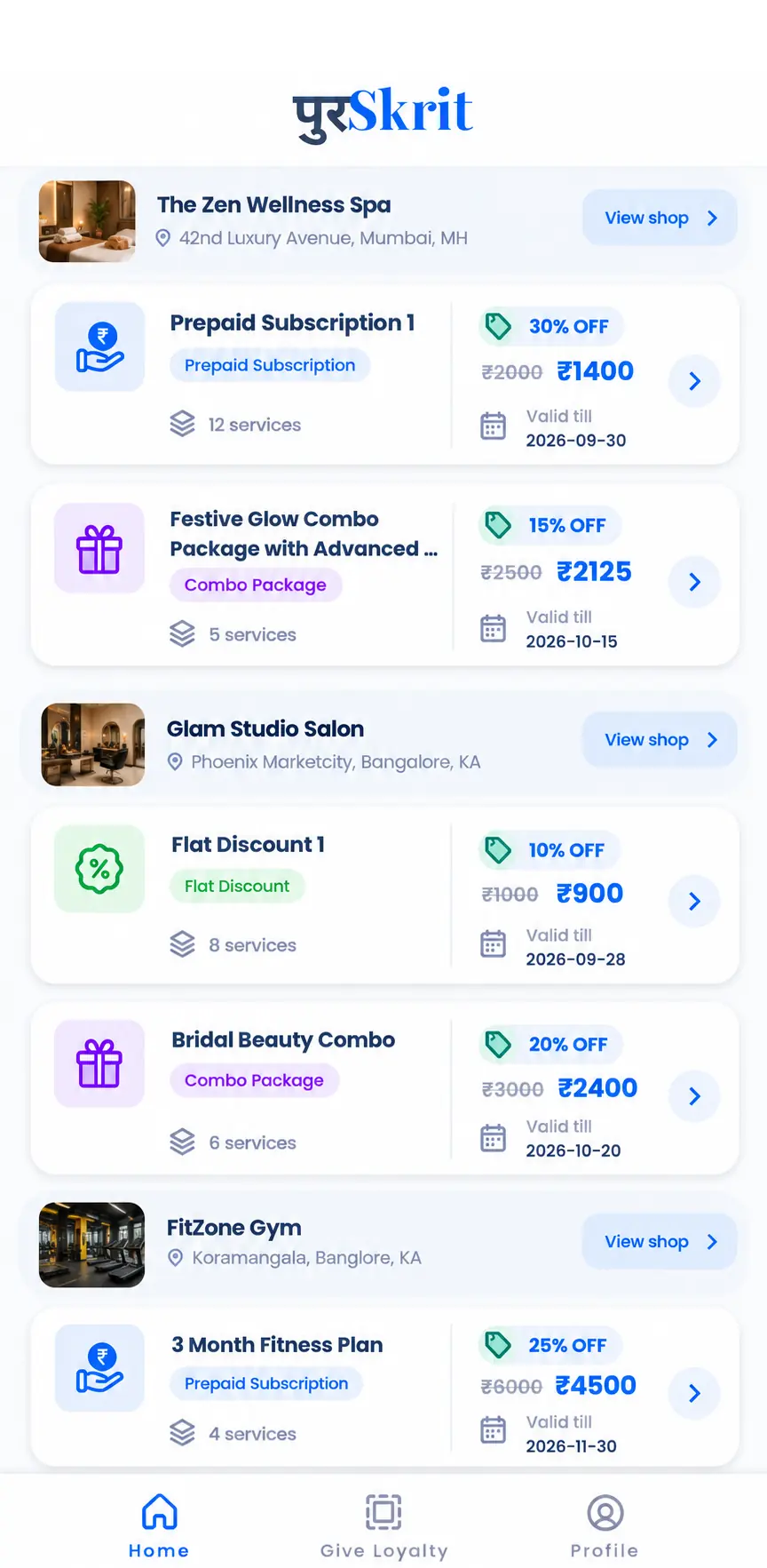 Offers from shops nearby in the Puraskrit app: spa, salon and gym offers with discounts and validity