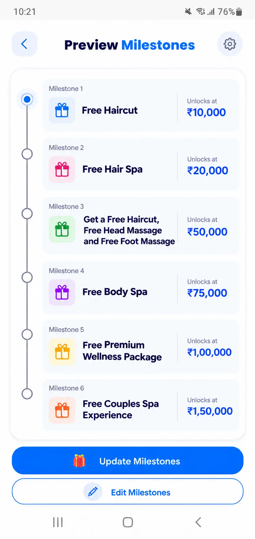 Seller App preview of milestones, each showing a reward and the amount it unlocks at